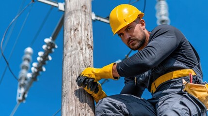 Worker climbs utility pole to perform maintenance on electrical lines during the day
