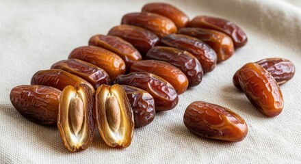 Delicious dates on a beige cloth background