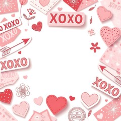 Valentines Day themed frame with hearts and xoxo on white