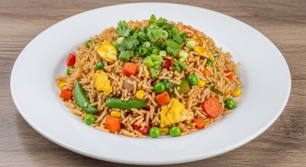 Delicious fried rice with vegetables and herbs on white plate