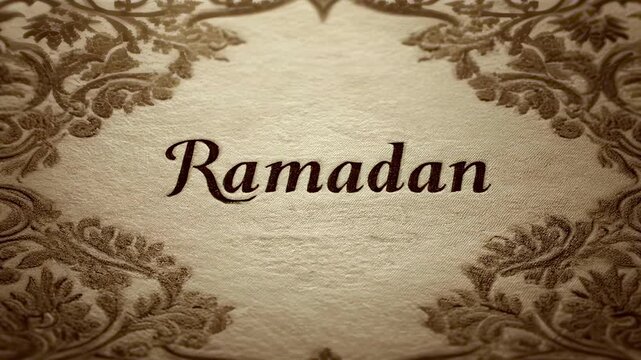 Ornate floral border surrounds elegant scripted text 'Ramadan Kareem' on textured, aged paper