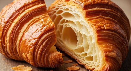 Delicious golden croissants freshly baked and sliced