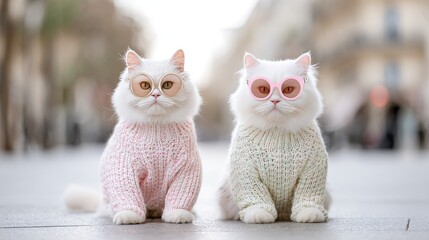 Playful cats in sweaters urban street photography daylight front view adorable pet fashion