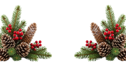 a macro, photorealistic christmas frame featuring deep green fir branches, frosty pine cones, and glossy red holly berries, isolated on a transparent background with ample copy space. concept of