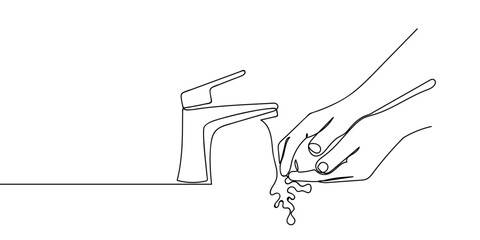 Continuous line art: Hands washing hands with water from the tap. line drawing style Vector on transparent background Editable stroke.
