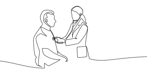 Continuous line art: A doctor is checking a heartbeat. line drawing style Vector on transparent background Editable stroke.