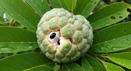 Fresh custard apple with green leaves and water droplets