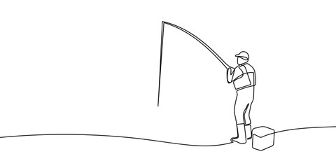 Continuous line art, person fishing, rear view. line drawing style Vector on transparent background Editable stroke.