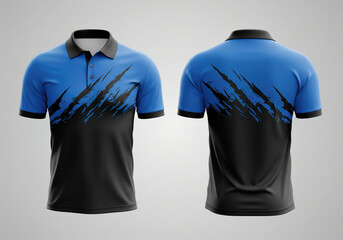 Edgy blue and black polo shirt featuring a dramatic distressed brush stroke or claw scratch graphic. Great for extreme sports, street fashion, or gym wear.