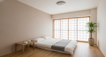 Serene bedroom with minimalist decor and natural light