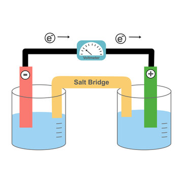 Galvanic cell diagram vector illustration, Electrochemical cell with salt bridge, electrodes, and voltmeter