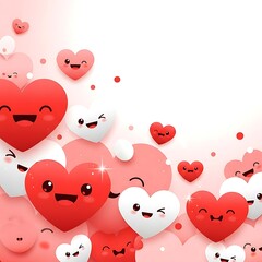 Many hearts with different facial expressions floating on pink white background