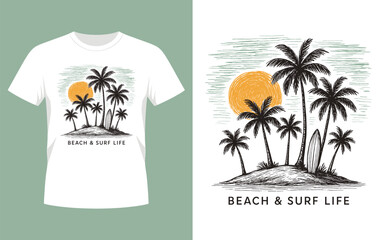 Beach and Surf Life Vintage Palm Tree Sunset T‑Shirt Design Vector Illustration