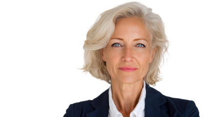 Confident senior businesswoman professional portrait with gray hair direct gaze studio cutout lighting isolated on white background