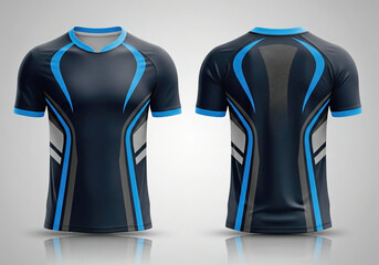 Technical athletic t-shirt with ergonomic blue and grey contour lines. Sleek dark design ideal for professional athletes and compression wear branding.