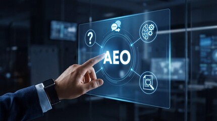 Obraz premium Business professional hand interacting with aeo technology modern office digital interface corporate environment close-up viewpoint