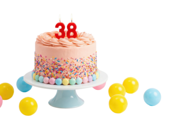 Pink Birthday Cake with Red Number 38 Candles and Sprinkles on White Background