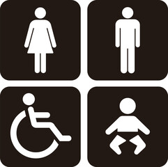 黒い背景のトイレピクトグラム　男女　車椅子　赤ちゃん　ベクターイラスト素材