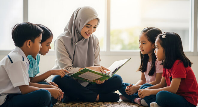 Muslim teacher reading a storybook to diverse children sitting o