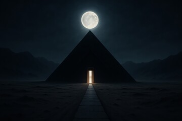 Mysterious Pyramid with Glowing Entrance Under Full Moon at Night