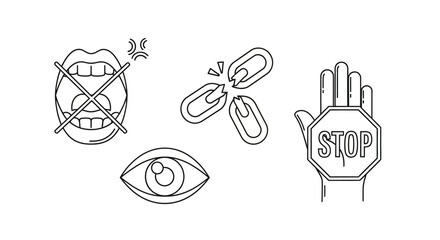 Line art icons illustrating silence, broken connection, observation, and stop warning symbols. Concepts of restriction, communication, security, and awareness.