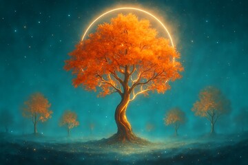 Glowing Magical Tree in Surreal Fantasy Landscape at Night