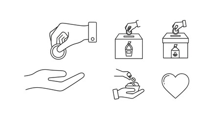Charity and Donation Line Icons Set. Financial Giving, Help, Support, and Fundraising Vector Outline Symbols for Web.