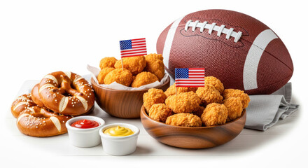 Delicious spread of game day snacks featuring chicken bites, pretzels, and a football, perfect for a Super Bowl watch party atmosphere