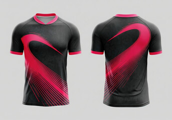 Sleek black sports jersey with a dynamic red swoosh brush stroke and subtle hexagon texture. Modern aesthetic for football, soccer, or training gear.