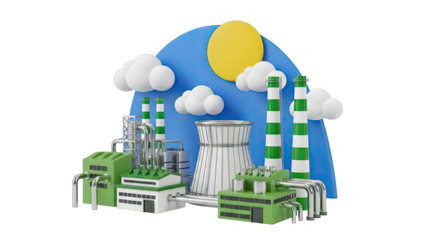 Stylized Industrial Complex with Cooling Tower and Smokestacks