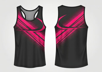 Men's athletic tank top design featuring a black base with dynamic magenta racing stripes and dot patterns. Perfect for gym, running, and fitness branding.