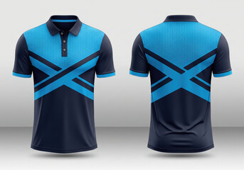 Premium polo shirt featuring a navy body with cyan "X" cross patterns and honeycomb texture. Sophisticated sporty look for corporate events or golf.