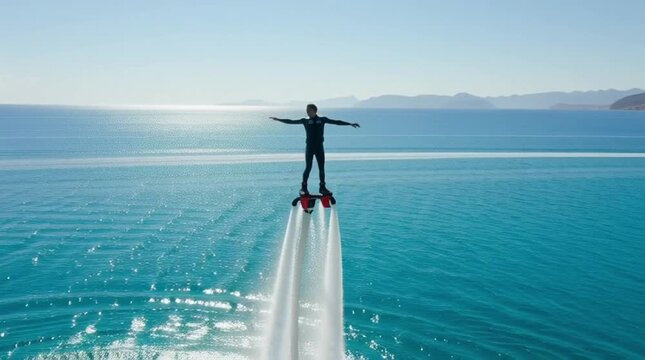 A person flies over calm waters with outstretched arms on a sunny day with mountains in the distance