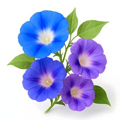 Beautiful blue and violet pansy flowers with green leaves are isolated on a white background to showcase the natural beauty of these spring garden blossoms
