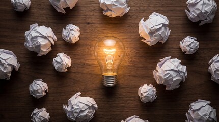 Illuminating ideas top view of crumpled paper balls surrounding a light bulb creative workspace innovative thinking concept