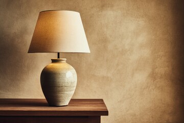 A stylish table lamp with a cream shade on a wooden table, against a textured wall