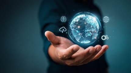 Innovative technology showcase realistic human hand displaying global connectivity studio environment digital art concept