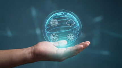 Innovative technology sphere held in realistic human hand futuristic digital environment conceptual visualization for ai and connectivity