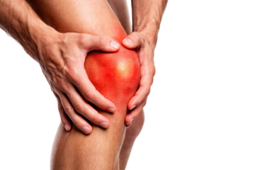 Man holding painful knee joint inflammation arthritis injury sports trauma medical condition severe isolated on white background