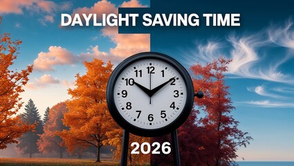 Daylight saving time concept with clock and seasonal change background