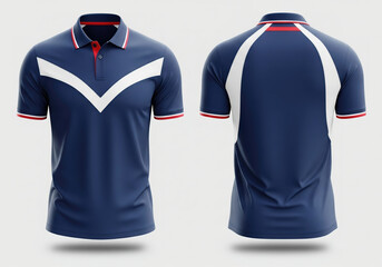 Professional navy blue polo shirt with a bold white chevron chest design and red accents. Perfect for sports club uniforms, corporate team wear, or athletic lifestyle mockups.