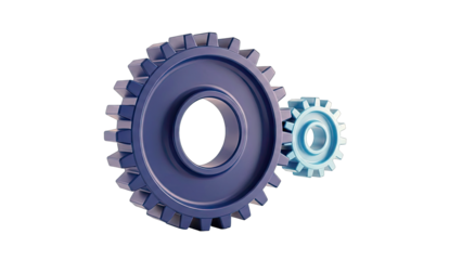 Two interlocking gears, one large blue and one small light blue