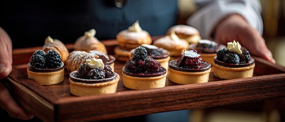 Close-up of a person holding a tray of assorted gourmet fruit and chocolate pastries