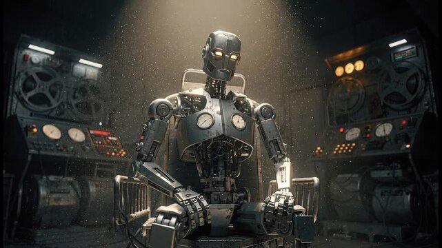 A cinematic close-up of a humanoid robot sitting in a dimly lit workshop, surrounded by vintage machinery and control panels. The robot's eyes glow softly as dust particles dance in the light beam abo