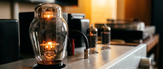 Close up of glowing vacuum tubes in audio amplifier equipment.