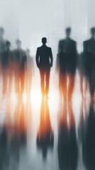 A blurred image of a solitary figure standing confidently in a crowd of shadowy silhouettes, symbolizing leadership and individuality in a corporate setting