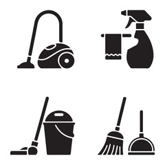 Home cleaning tools silhouette set for complete household maintenance