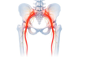 Human pelvis hip bones with sciatic nerve inflammation pain pathway lower body anatomy medical illustration isolated on white background