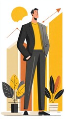 A confident man in a suit stands among plants, symbolizing growth and success, with a warm sun and upward trend graph in the background