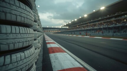 A dynamic low-angle perspective of a professional motor racing circuit, highlighting a protective barrier of stacked tires in the foreground. The wide asphalt track elegantly curves into the distance,